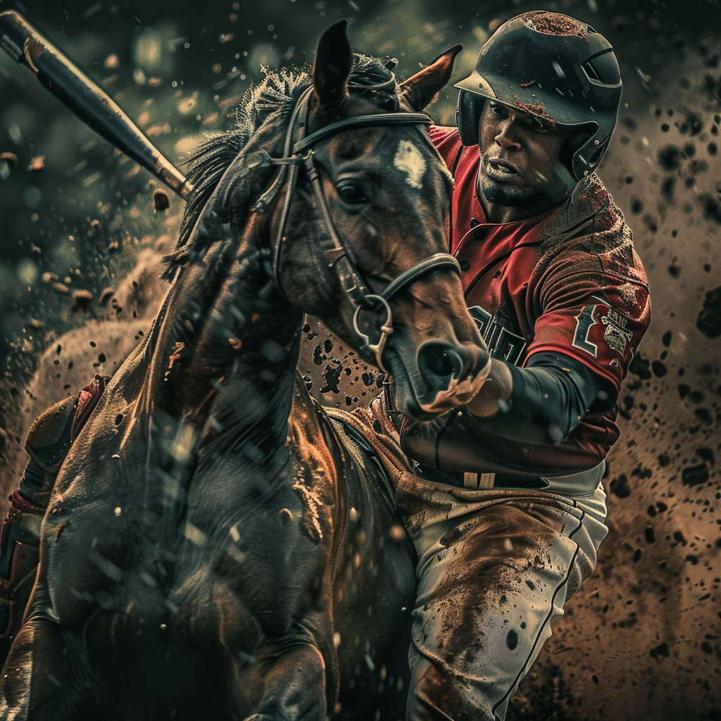 AI rendition of baseball player Jose Ramirez riding a race horse